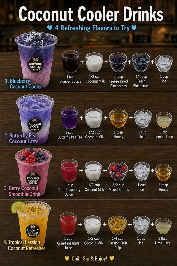 Refreshing Coconut Cooler drinks served in coconut shells with tropical garnishes.