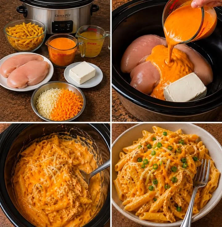 Crockpot creamy cheddar chicken dish garnished with fresh herbs