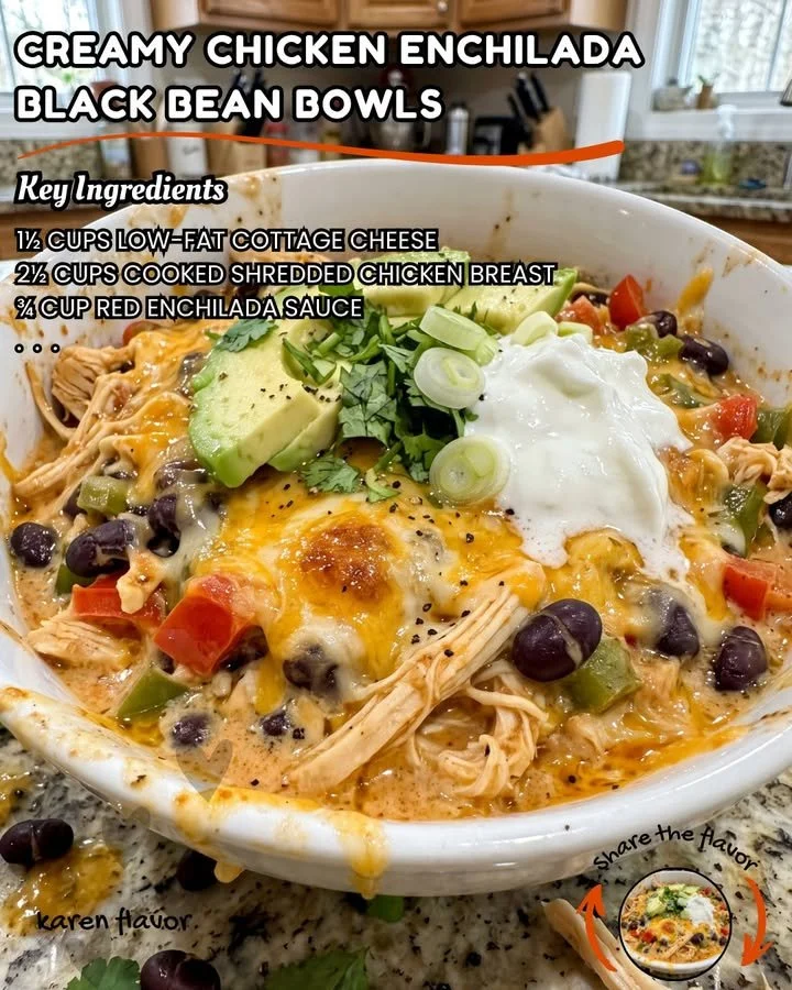 Creamy chicken enchilada black bean bowls served in a colorful dish