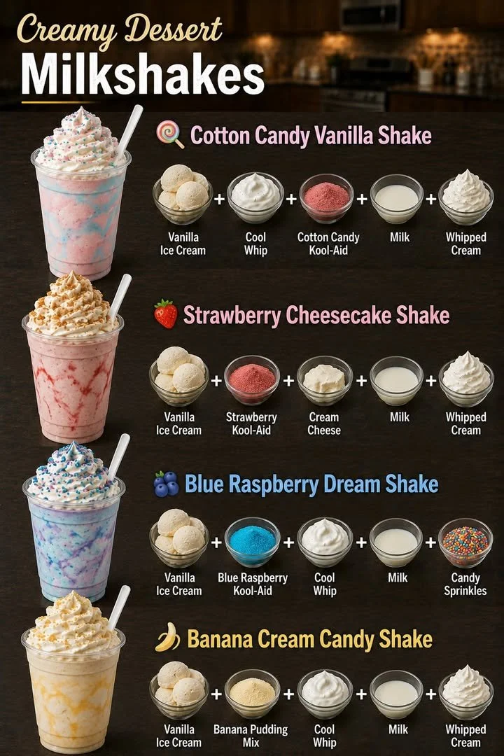 Delicious creamy dessert milkshakes topped with whipped cream and chocolate syrup.