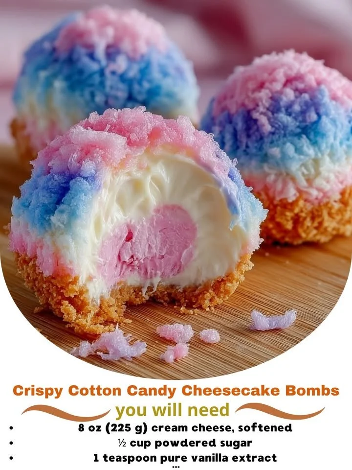 Crispy cotton candy cheesecake bombs showcasing vibrant pastel colors and fluffy texture