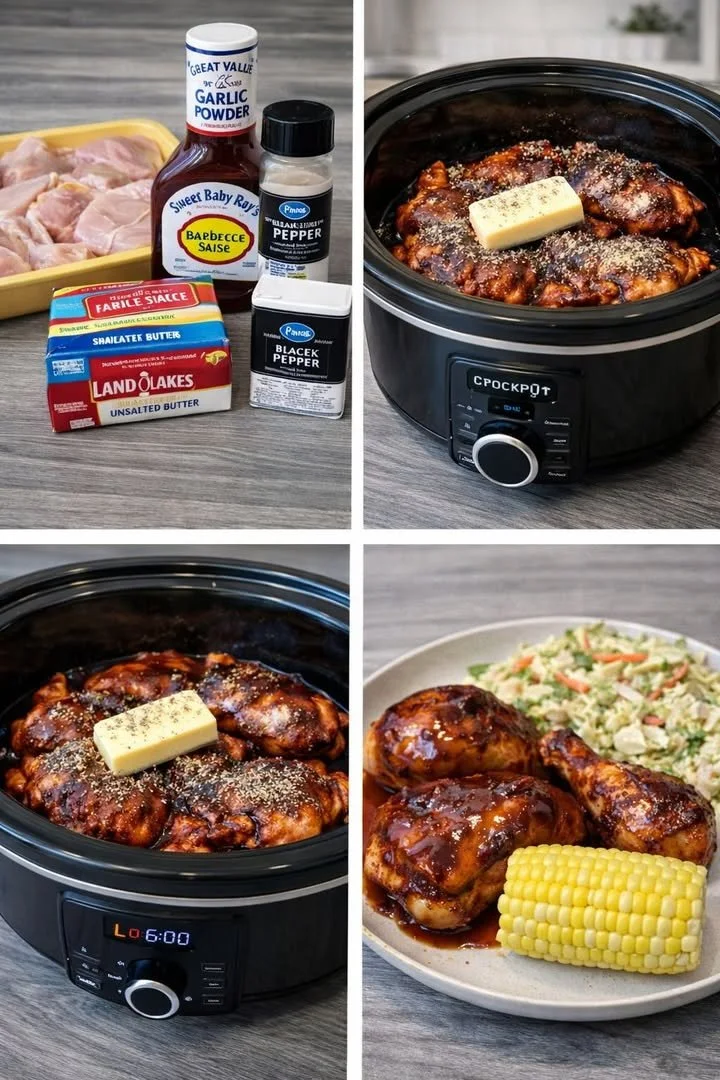 Tender crockpot BBQ chicken served with sauce and garnished with herbs.