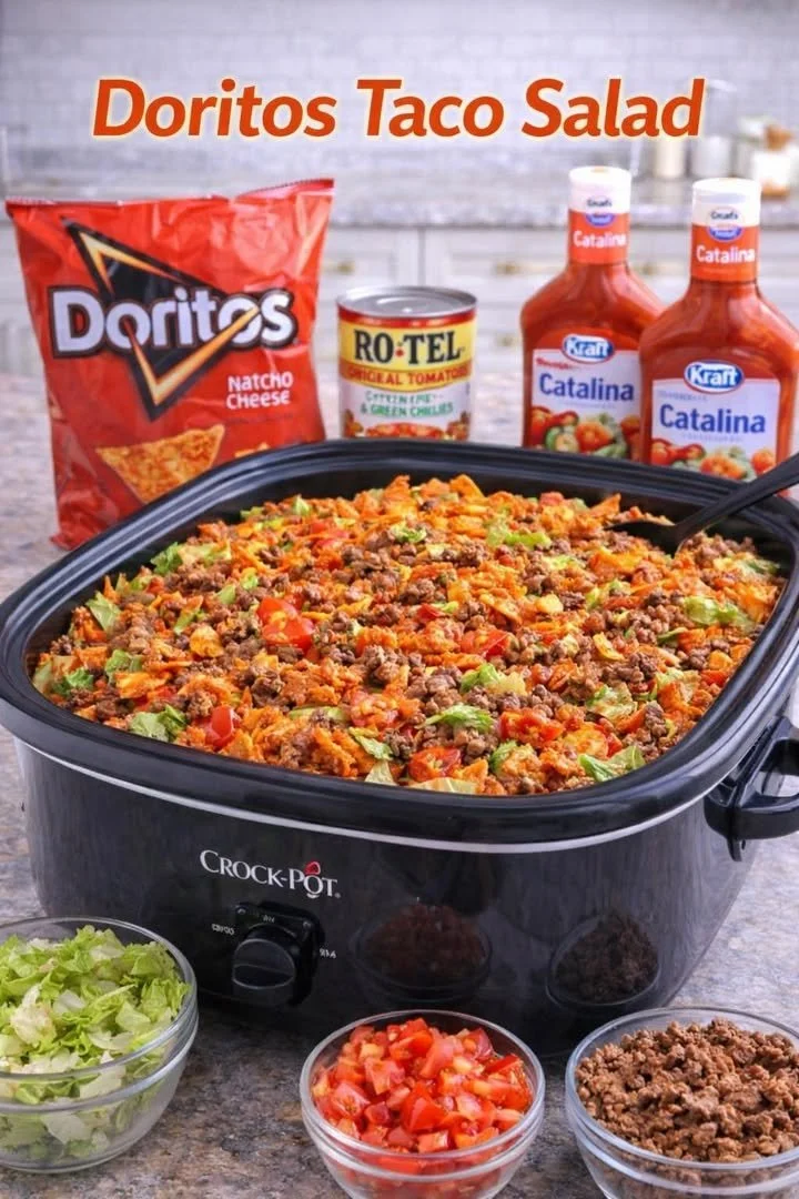 Crockpot Doritos Taco Salad with colorful toppings in a serving bowl
