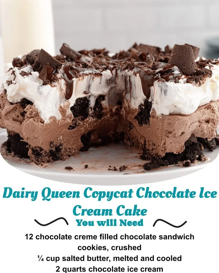 Dairy Queen copycat chocolate ice cream cake slice with chocolate drizzle and sprinkles