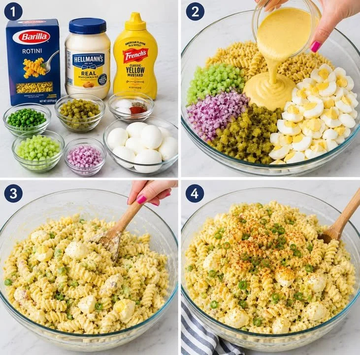 Delicious deviled egg pasta salad in a bowl, perfect for gatherings.