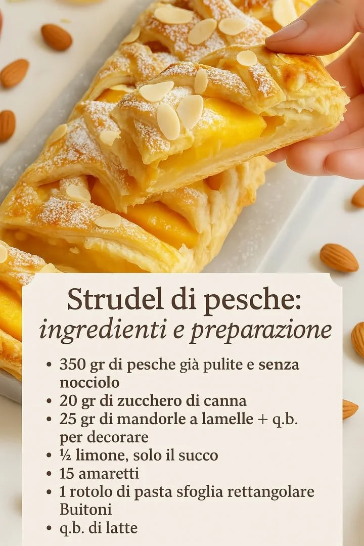 Dolce con pesche fresche, mandorle e amaretti servito su un piatto elegante.