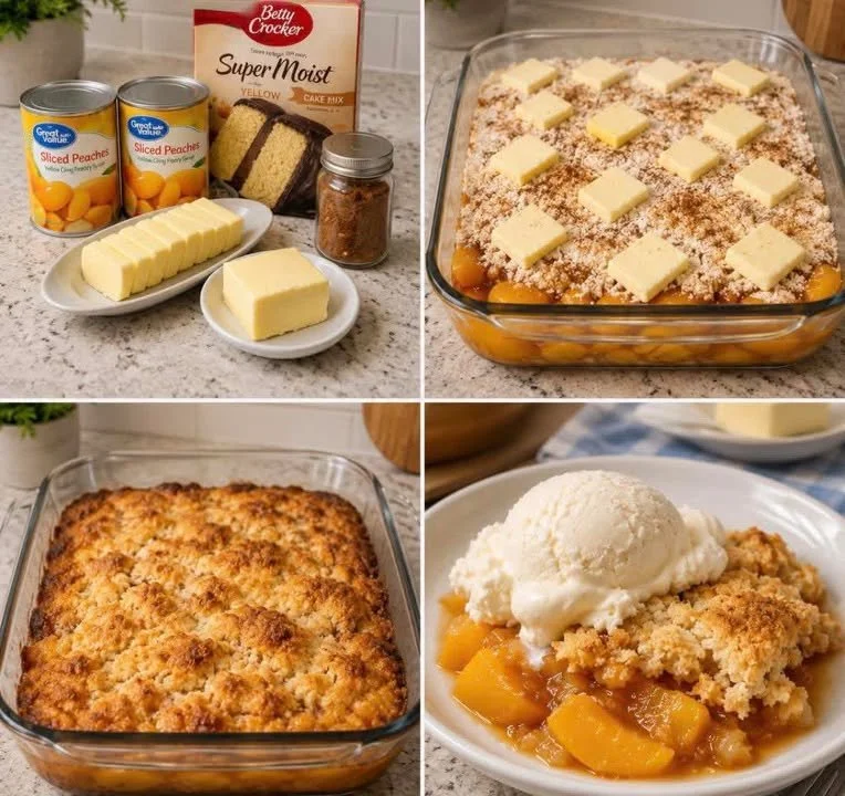 Delicious dump and bake peach cobbler dessert served with a scoop of ice cream.