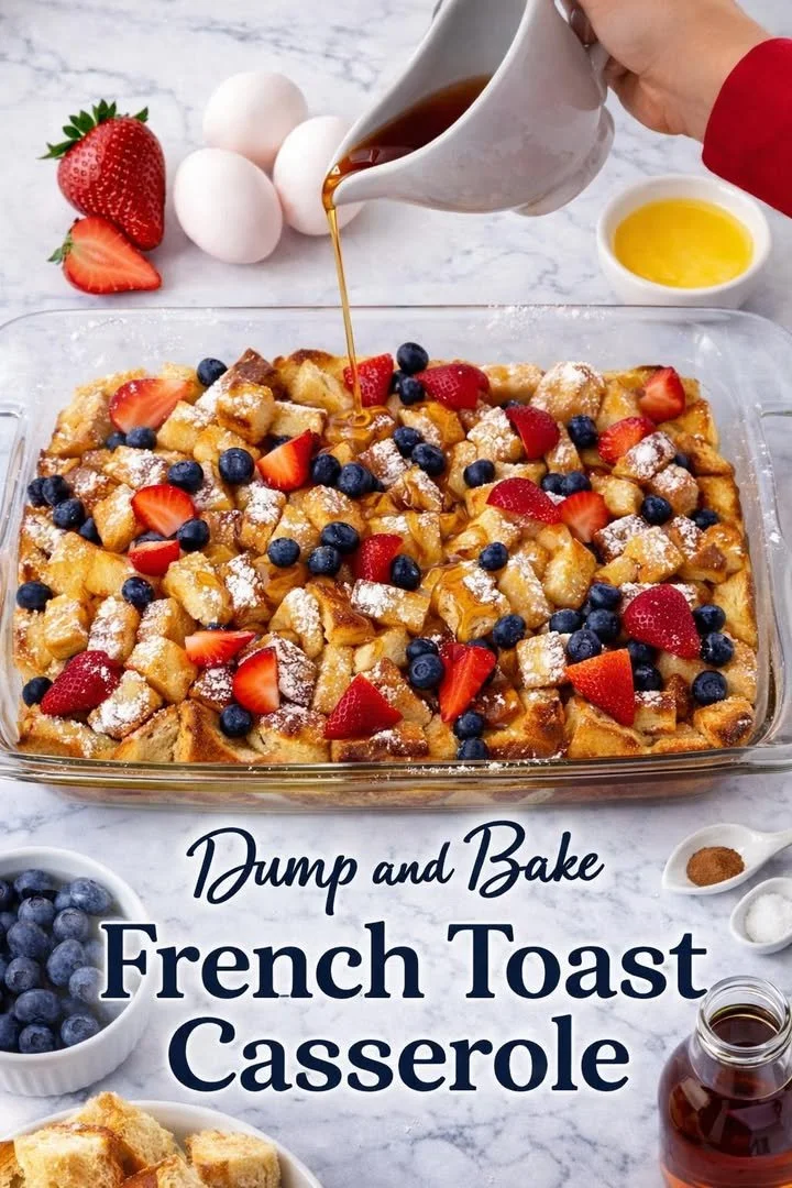 Delicious Dump & Bake French Toast Casserole served in a dish