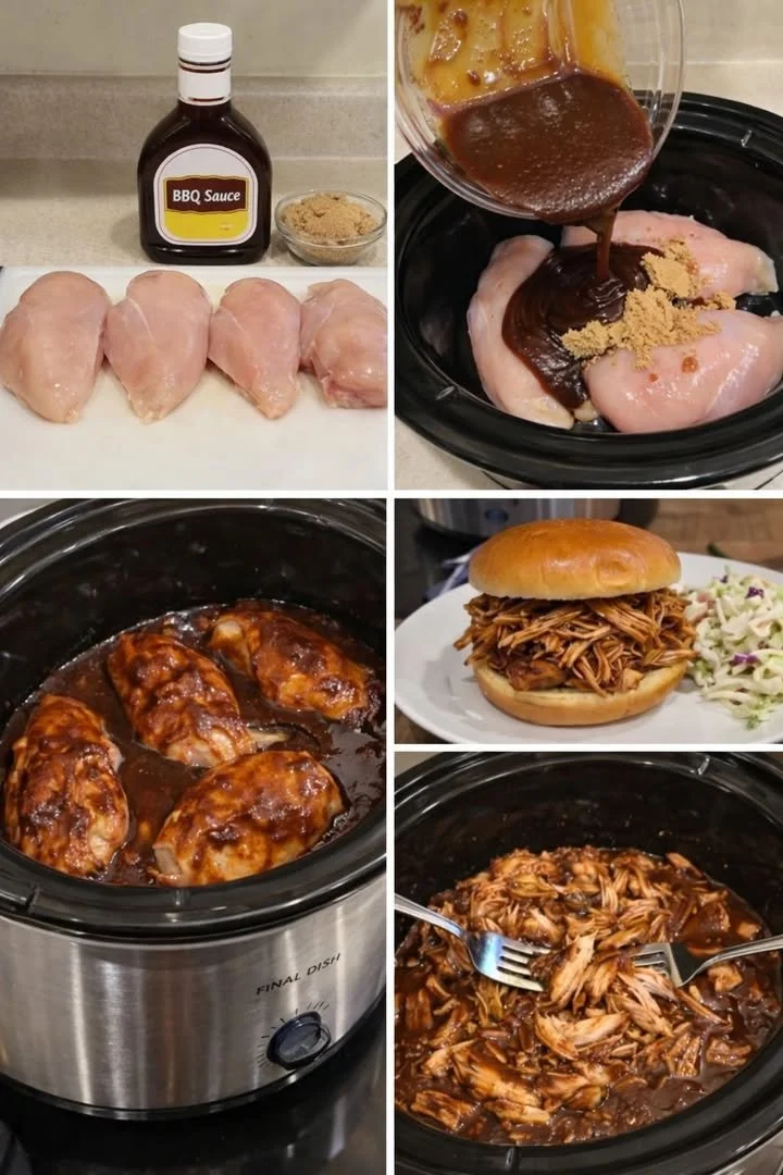 Easy 3-ingredient crockpot BBQ chicken served on a plate with sides.