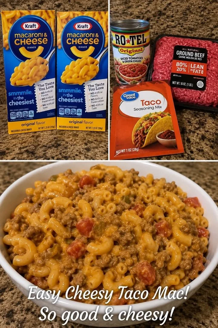 Delicious Easy Cheesy Taco Mac served in a bowl with toppings
