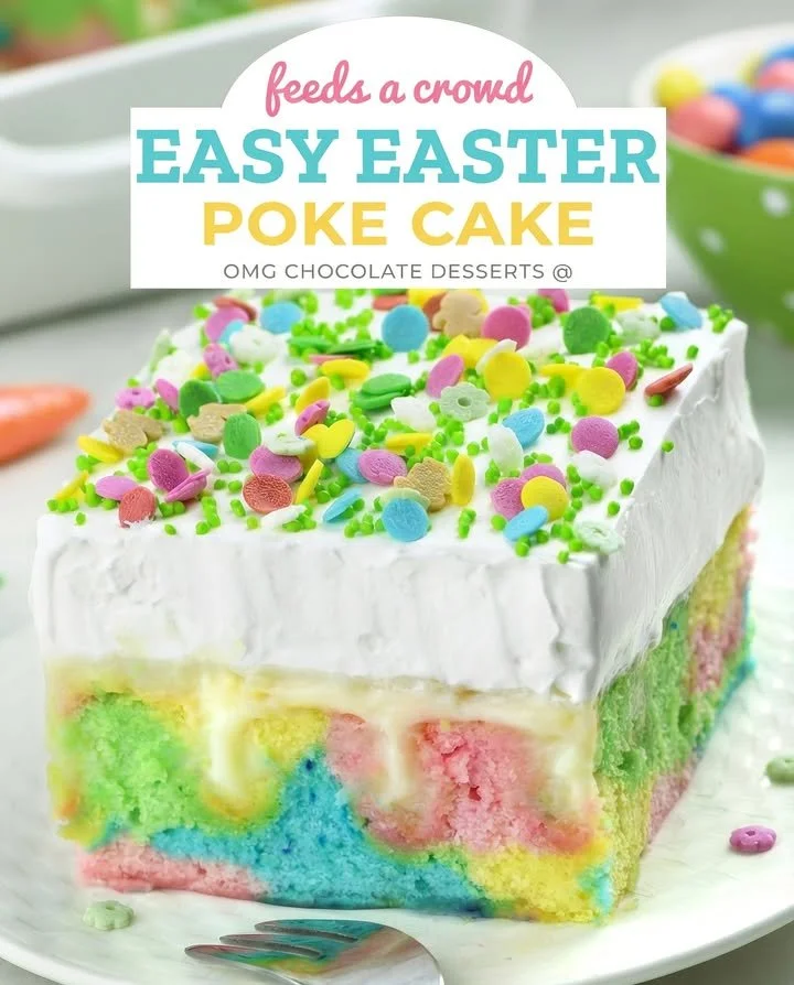 Delicious easy Easter Poke Cake with colorful toppings and festive decorations.