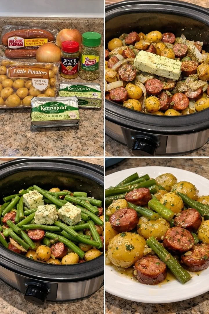 Delicious garlic butter potatoes with sausage and green beans served on a plate