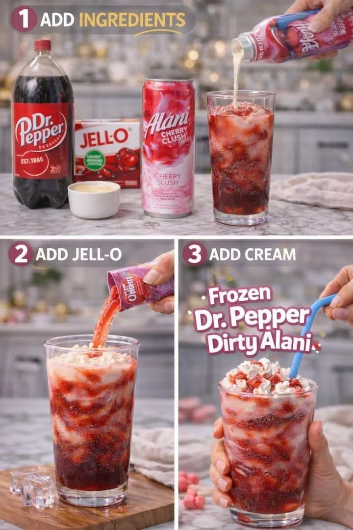 A delicious Frozen Cherry Cola Dirty Drink garnished with cherries and ice.