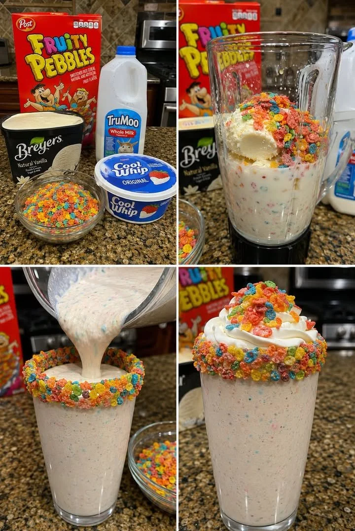 Fruity Pebbles Rainbow Cereal Shake with colorful cereal toppings