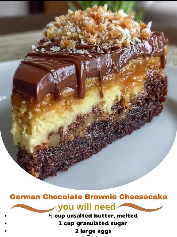 Delicious slice of German Chocolate Brownie Cheesecake topped with chocolate and nuts.