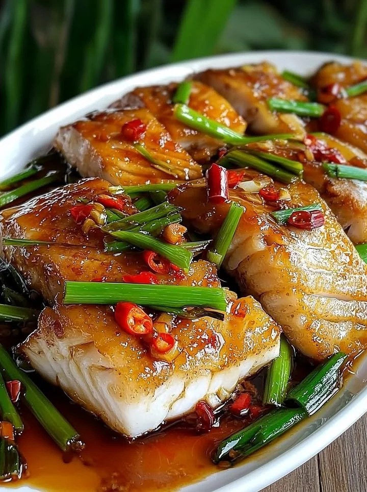 Golden crispy pan-seared white fish fillets with ginger and garlic glaze