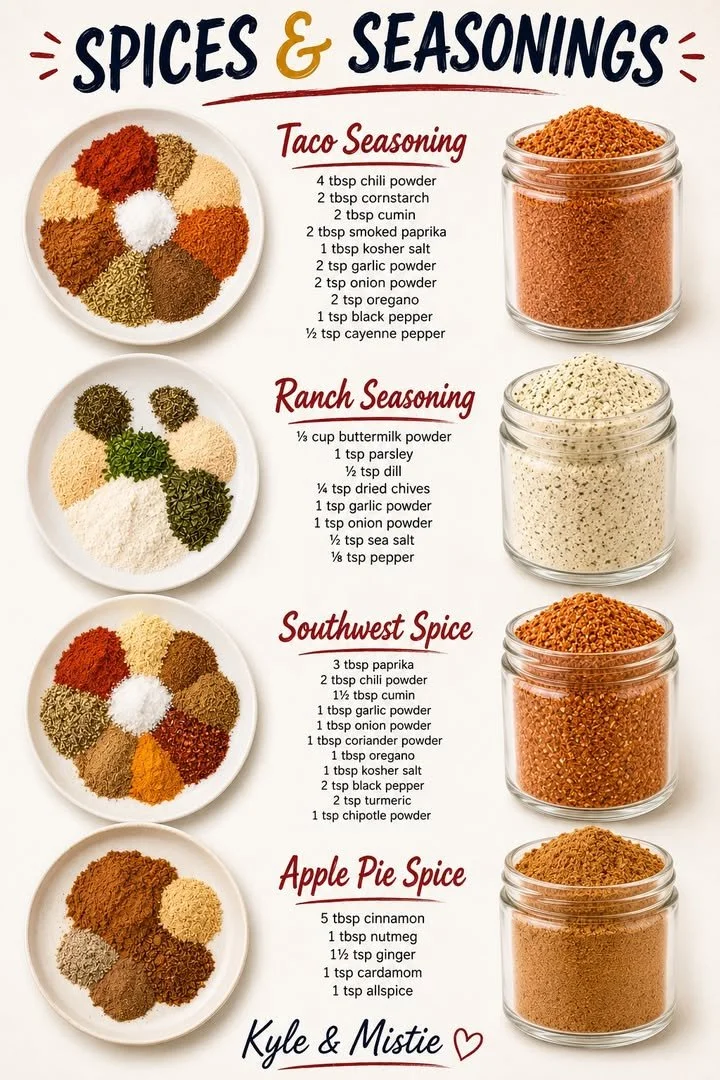 Variety of homemade seasonings in jars on a kitchen counter