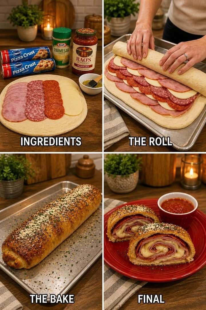 Delicious Italian Stromboli filled with cheese and meats, fresh from the oven.