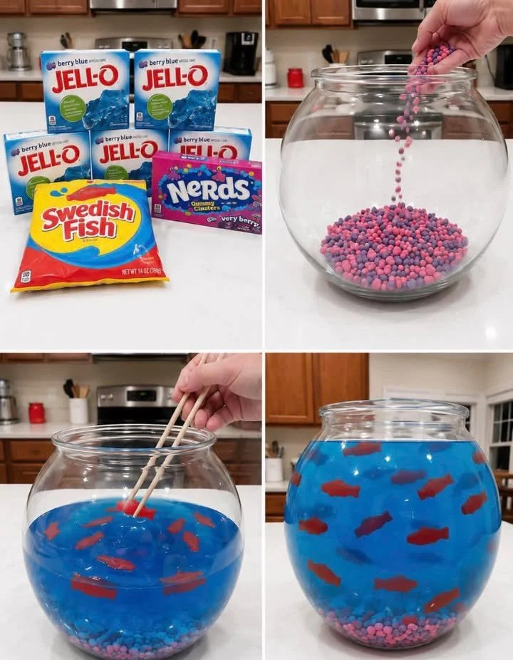 Colorful Jello Aquarium dessert with fish and sea life decorations