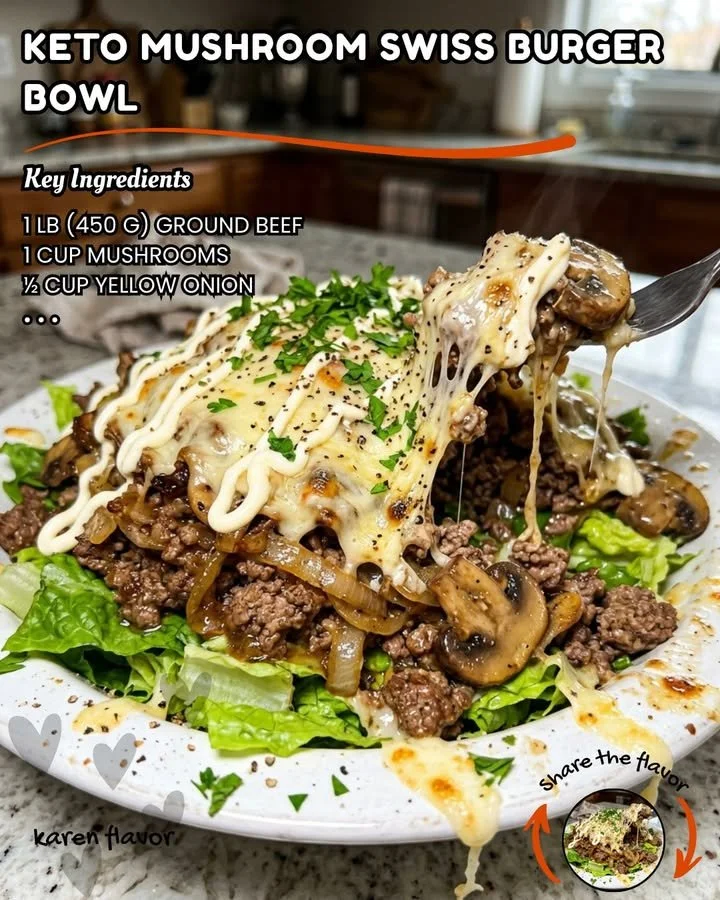 Keto Mushroom Swiss Burger Bowl with fresh ingredients