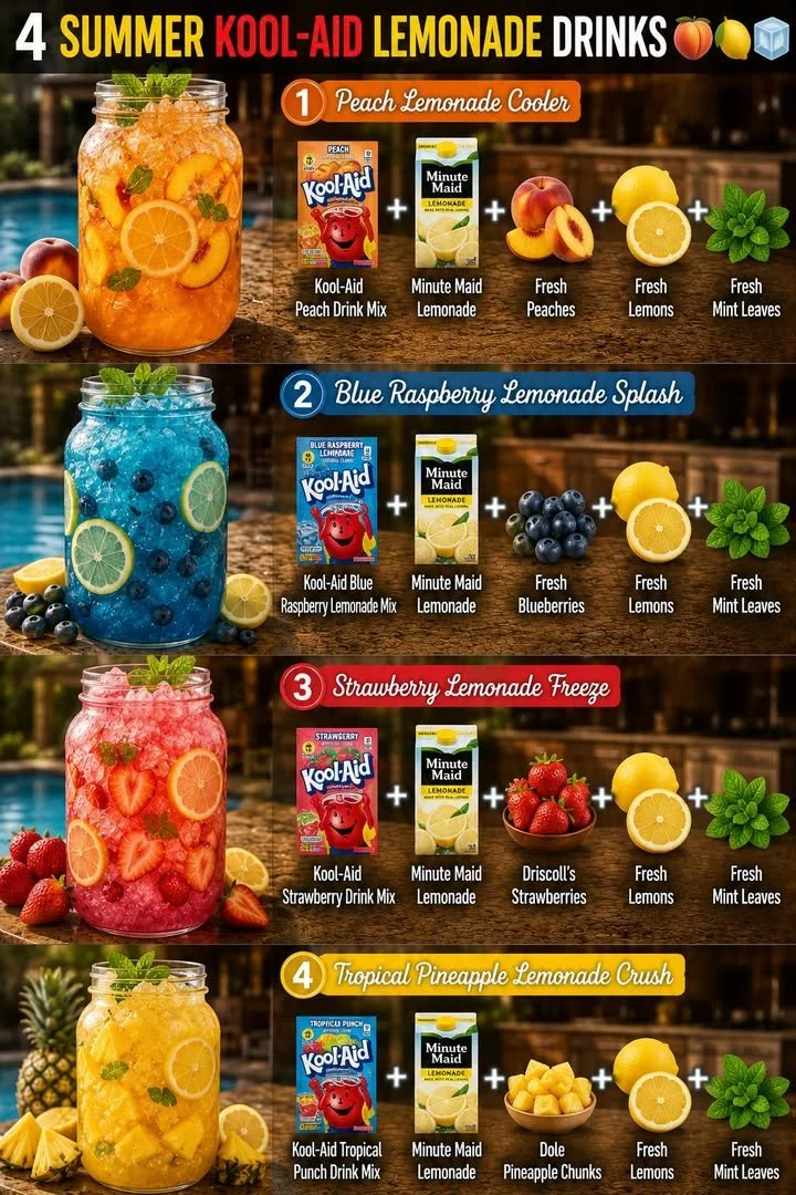 Colorful Kool-Aid lemonade drinks with ice and slices of lemon in glasses.