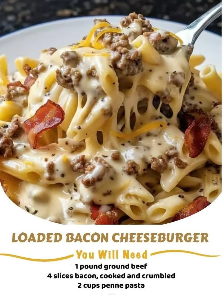 Creamy Loaded Bacon Cheeseburger Alfredo Pasta topped with crispy bacon and cheese.