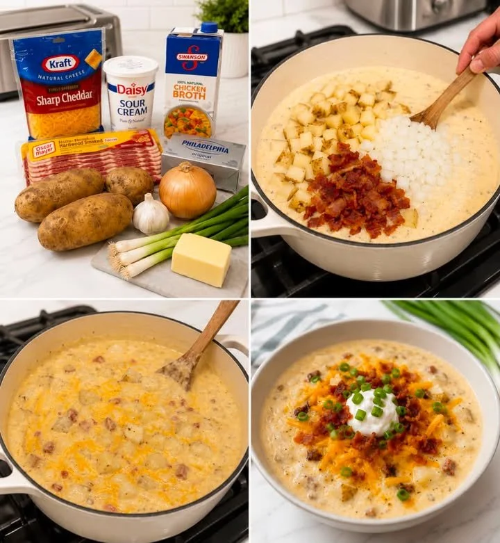 Bowl of creamy loaded baked potato soup topped with bacon, cheese, and chives.