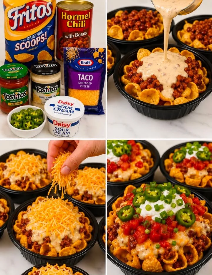 Loaded Fritos Chili Cheese Bowls topped with cheese and jalapeños