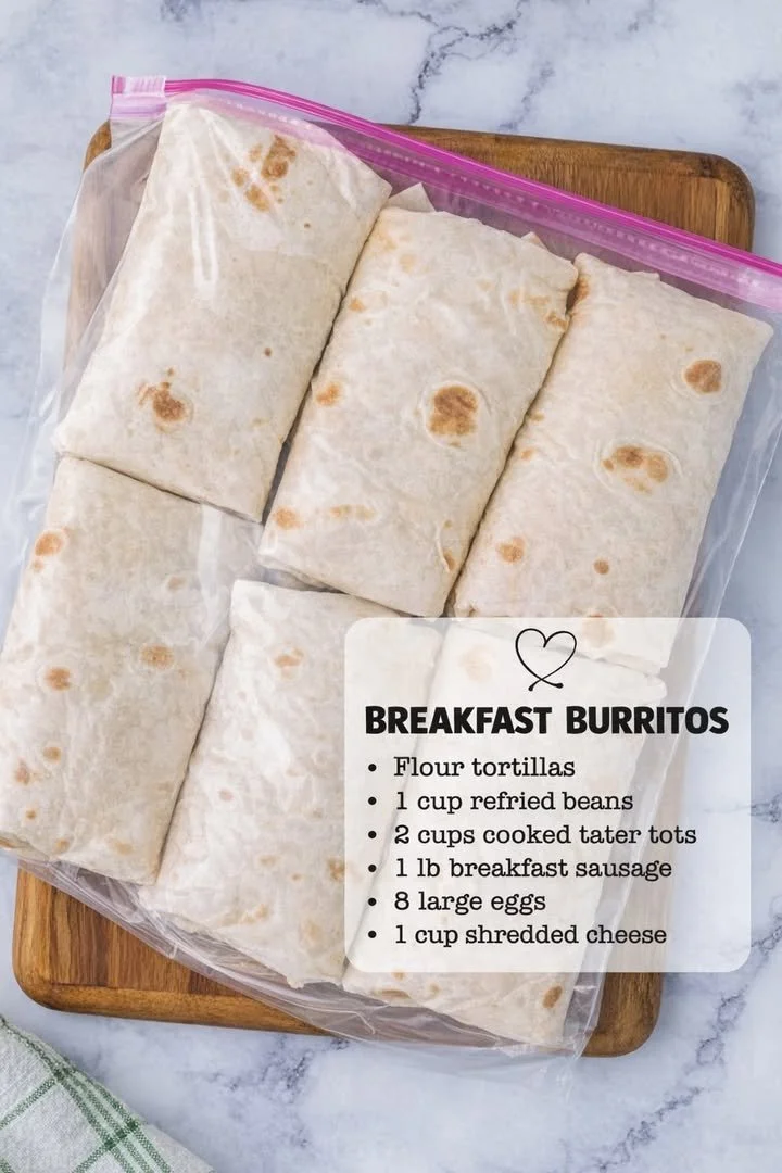 Make-ahead breakfast burritos filled with eggs, cheese, and veggies