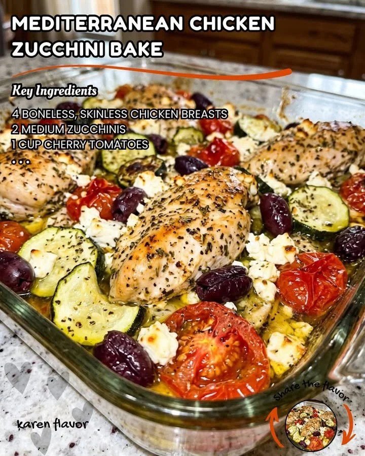 Baked Mediterranean Chicken with zucchini, herbs, and spices in a casserole dish