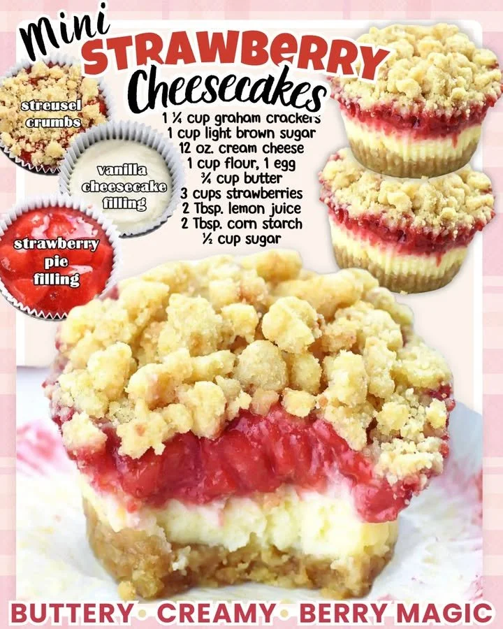 Mini strawberry cheesecakes topped with fresh strawberries and whipped cream