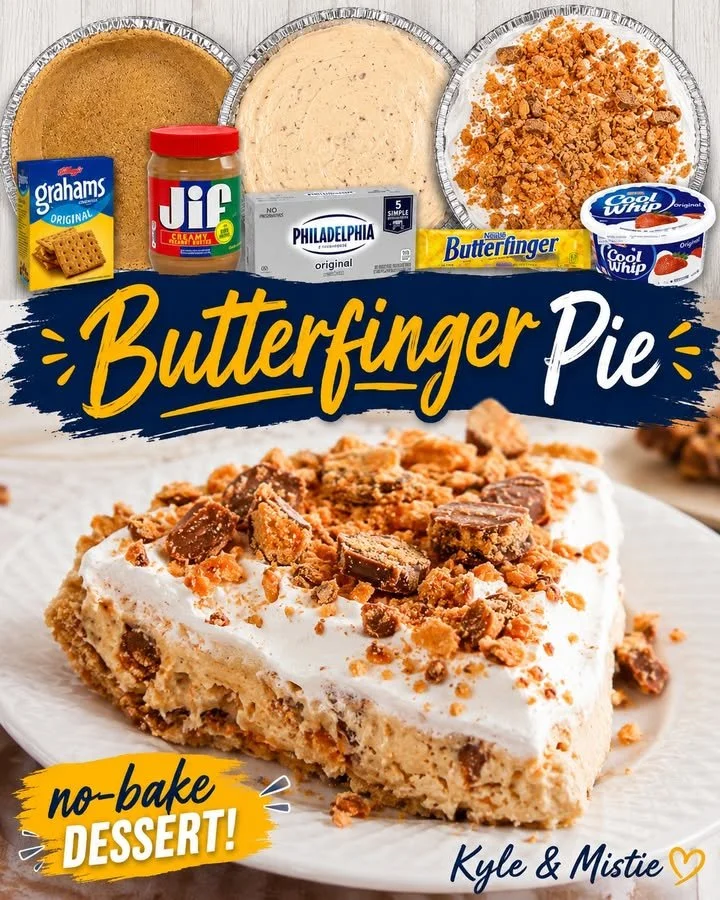 No Bake Butterfinger Pie topped with crushed Butterfinger candy and whipped cream