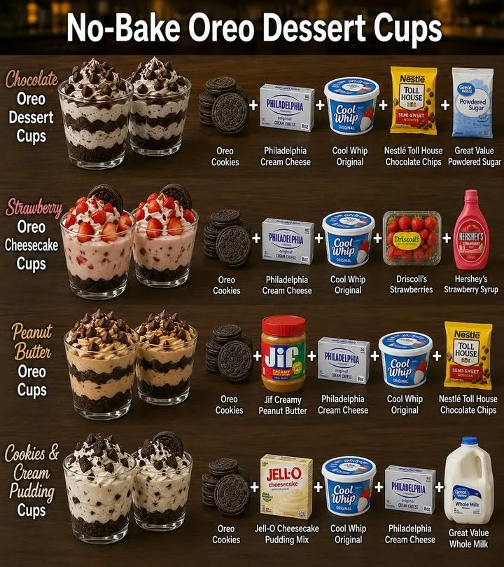 No-bake Oreo dessert cups topped with chocolate and cream.