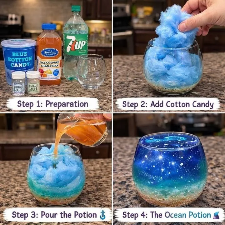 A colorful Ocean Cotton Candy Potion drink garnished with cotton candy
