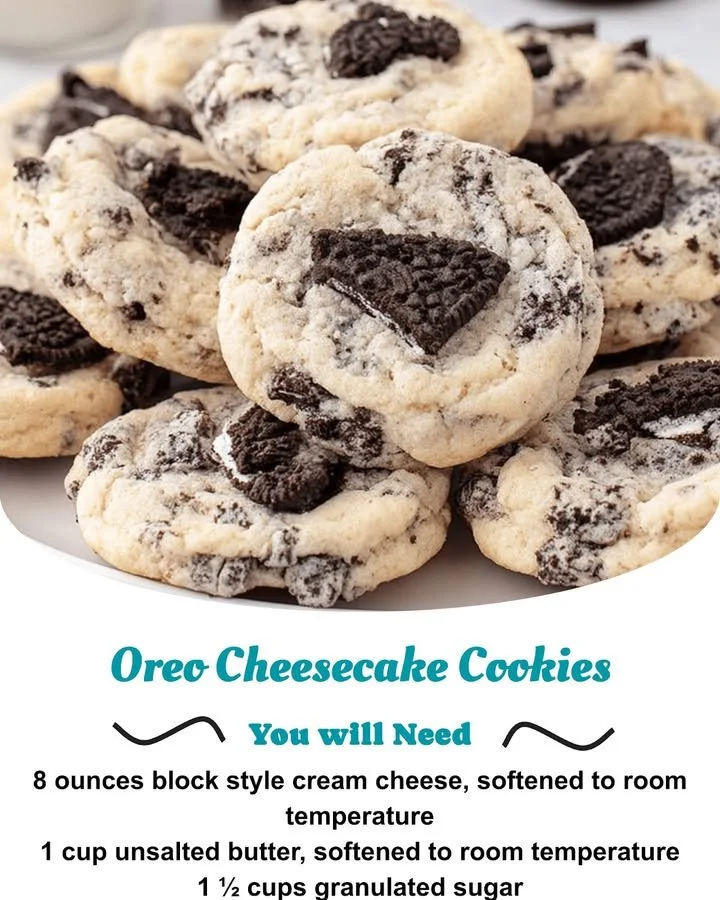 Oreo Cheesecake Cookies with cream cheese and crushed Oreo pieces