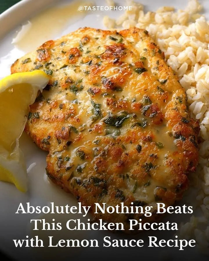 Plate of Parmesan Chicken with Lemon Sauce garnished with herbs