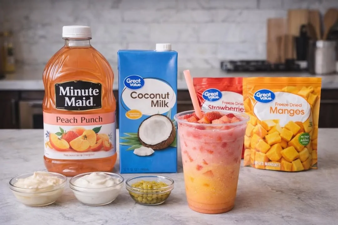 Delicious homemade Peach Punch served in a pitcher with fresh peaches.