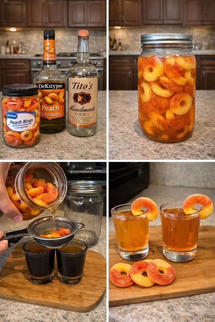 A jar of homemade peach ring moonshine showcasing its vibrant color