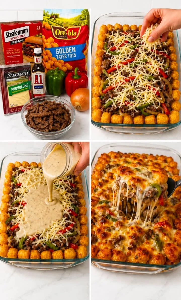 Philly cheesesteak tater tot casserole dish with melted cheese and toppings