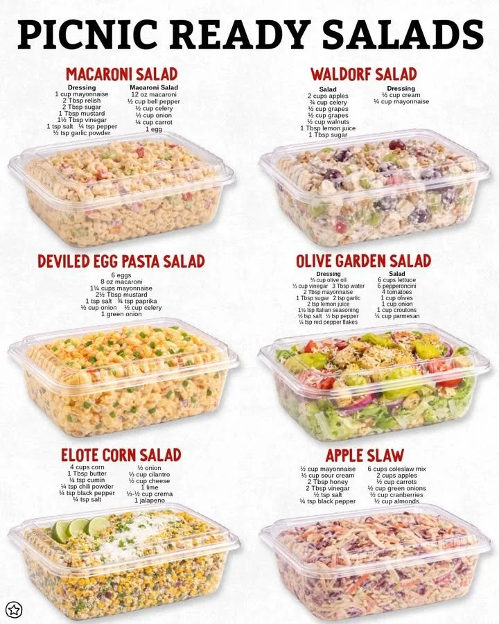Variety of picnic ready salads in colorful bowls for outdoor meals.