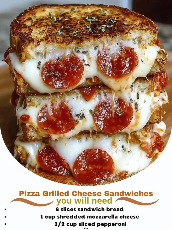 Pizza Grilled Cheese Sandwich with melted cheese and pizza toppings