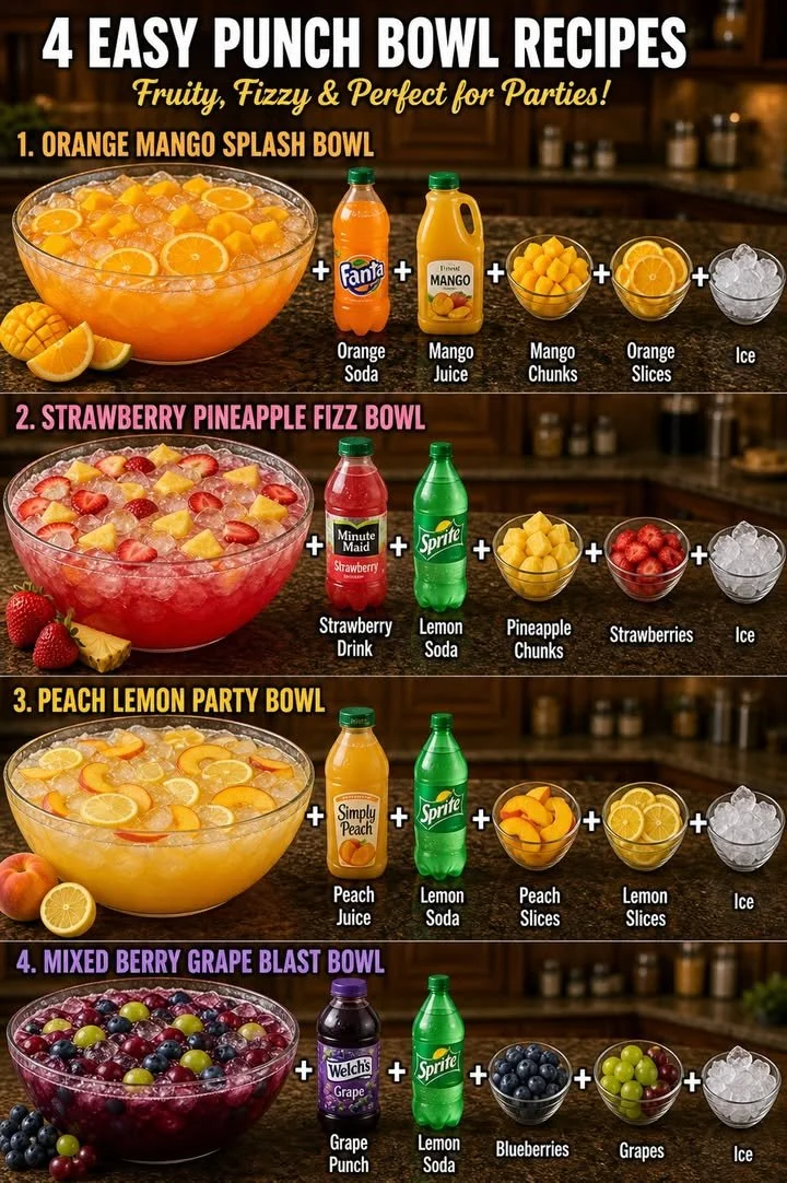 Four delightful punch bowl recipes for gatherings and parties.