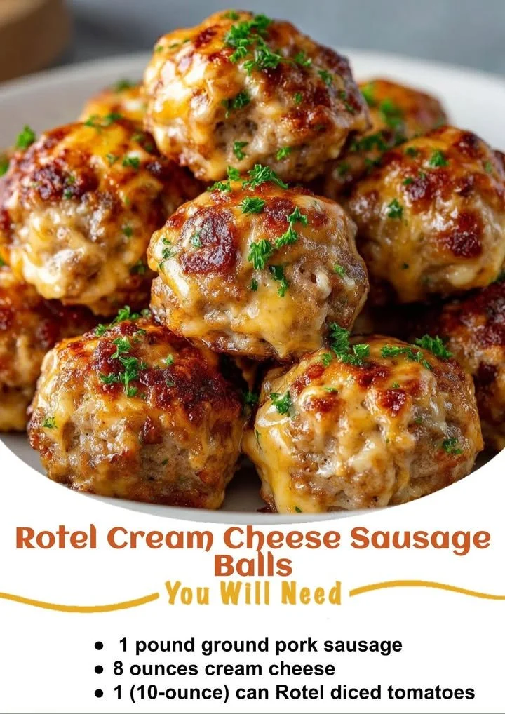 Delicious Rotel Cream Cheese Sausage Balls ready to serve at a party