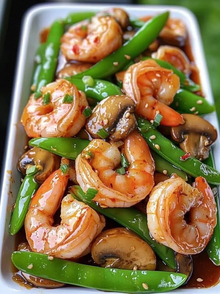 Savory garlic-glazed shrimp stir-fry garnished with fresh herbs