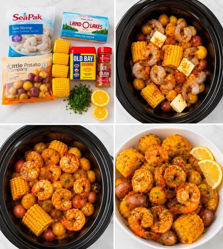 Delicious Slow Cooker Cajun Shrimp Boil ready to serve in a bowl.
