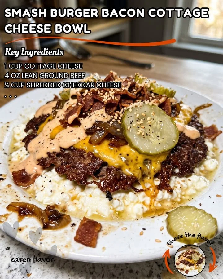 Smash Burger Bacon Cottage Cheese Bowl with fresh toppings