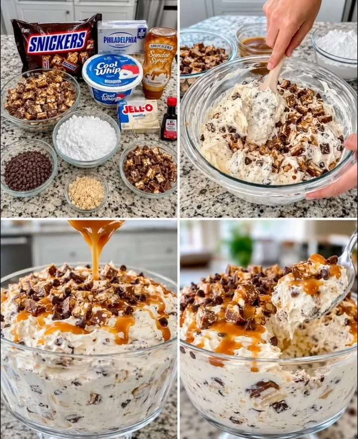 Delicious Snickers Caramel Fluff Dessert topped with chocolate and caramel