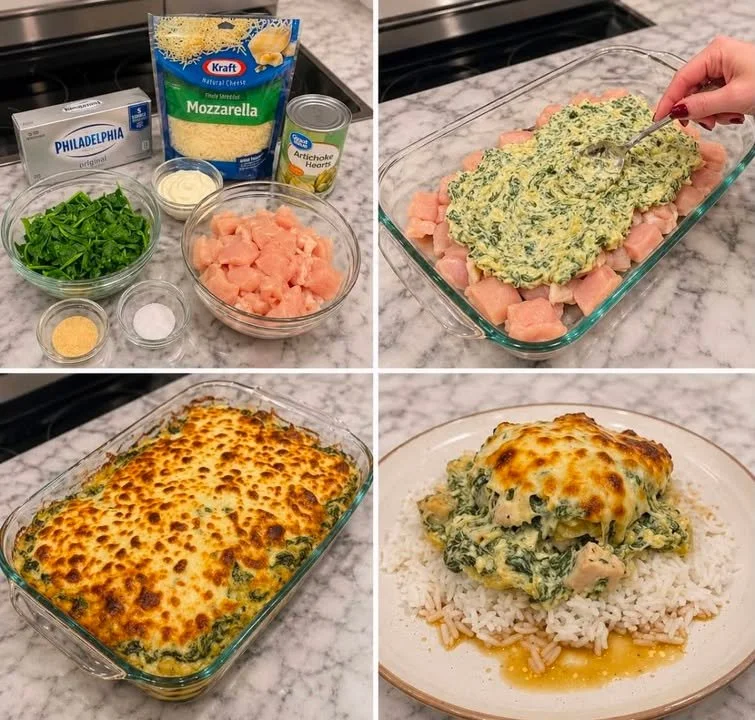 Baked Spinach Dip Chicken Casserole topped with cheese and herbs