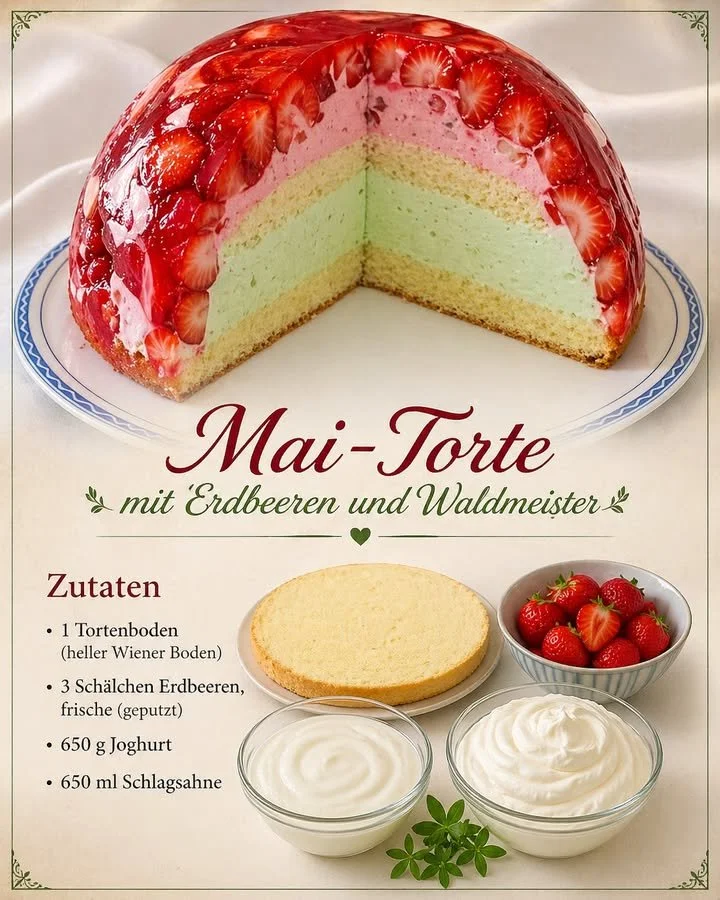 Delicious Strawberry Cake with fresh strawberries and woodruff decoration