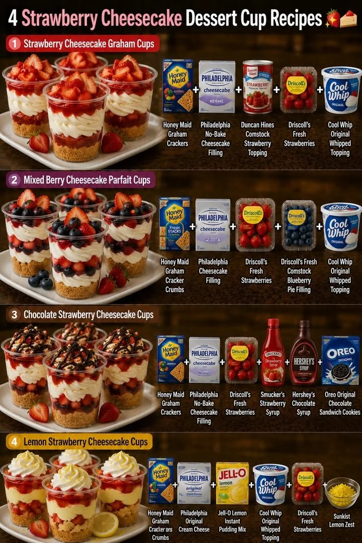 Delicious strawberry cheesecake cups topped with fresh strawberries and whipped cream.
